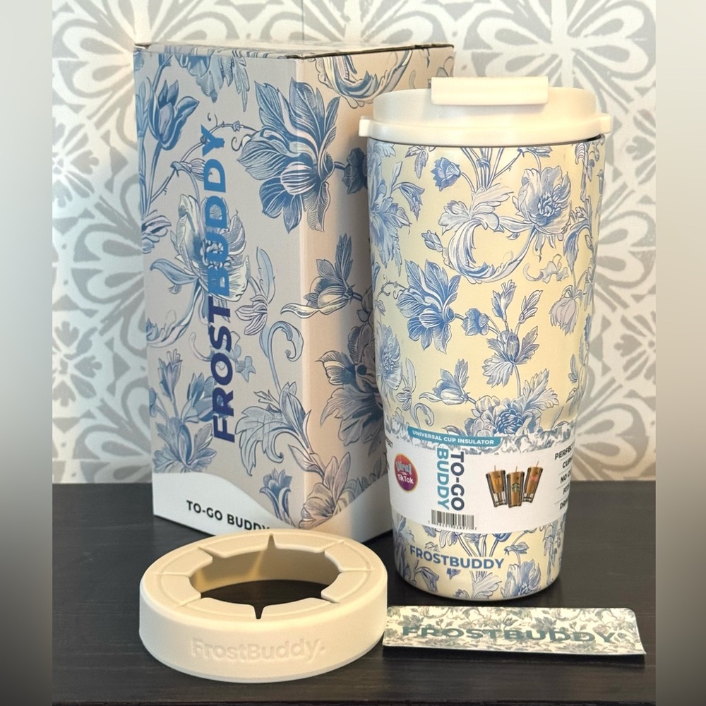 Frostbuddy To-Go Buddy Floral Insulated Tumbler - Blue & Cream